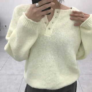 Fluffy Touch Snap Button Round Neck Oversized Knit