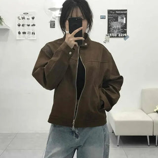 Urban Suede Band Collar Loose Fit Zip-Up Jacket
