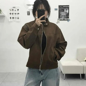 Urban Suede Band Collar Loose Fit Zip-Up Jacket