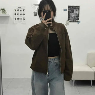 Urban Suede Band Collar Loose Fit Zip-Up Jacket