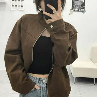Urban Suede Band Collar Loose Fit Zip-Up Jacket