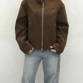 Urban Suede Band Collar Loose Fit Zip-Up Jacket