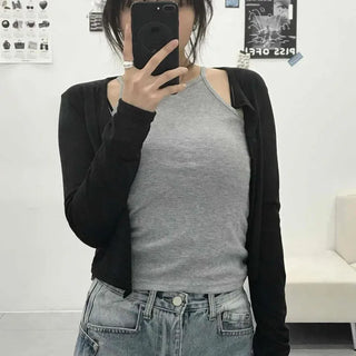 Daily Halter Neck Sleeveless Slim Fit Cropped Button Cardigan Set