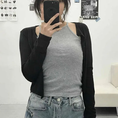 Daily Halter Neck Sleeveless Slim Fit Cropped Button Cardigan Set