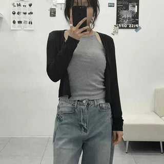 Daily Halter Neck Sleeveless Slim Fit Cropped Button Cardigan Set