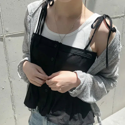 Navin Ribbon Shoulder Strap Flare Sleeveless Blouse