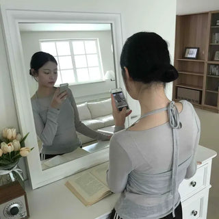Crossbody Ribbon Slim Fit Round Neck Long Sleeve T-shirt