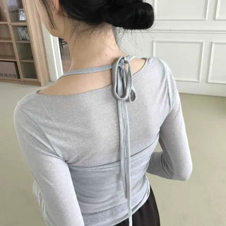 Crossbody Ribbon Slim Fit Round Neck Long Sleeve T-shirt