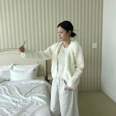 Boucle Texture Loop Button Crop Knit Cardigan
