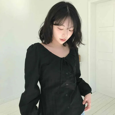 Pintuck Button Volume Blouse