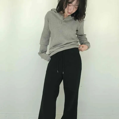 Soft Cotton Drawstring Slack Wide Pants
