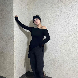 Authentic Asymmetrical Wide Neckline Long Sleeve Tee
