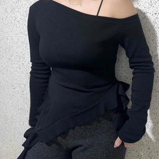 Authentic Asymmetrical Wide Neckline Long Sleeve Tee
