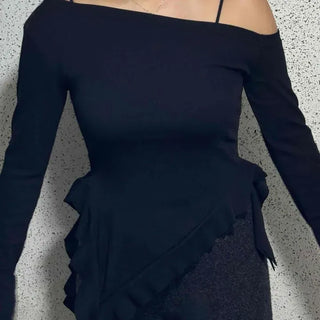Authentic Asymmetrical Wide Neckline Long Sleeve Tee
