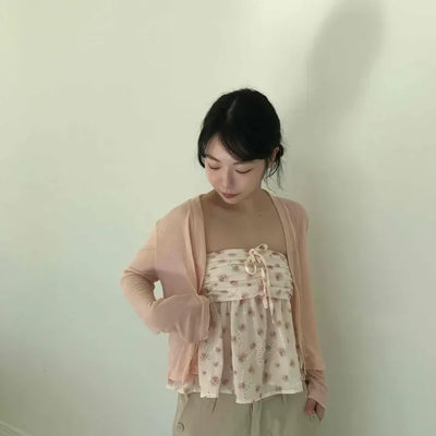 Floral Shirred Ribbon Strap Camisole Cardigan Set