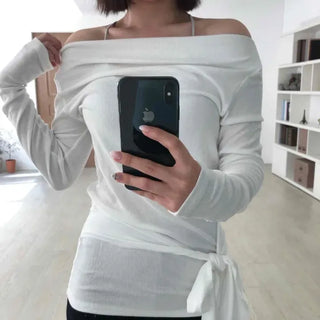Boat Neck Waist Ribbon Slim Long Sleeve T-shirt
