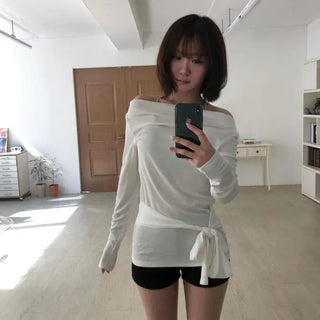 Boat Neck Waist Ribbon Slim Long Sleeve T-shirt