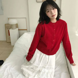 Ribbed Round Neck Full Button Slim Fit Crop Knit Cardigan