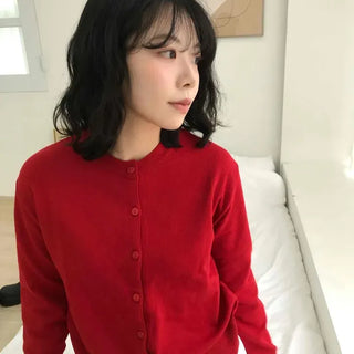 Ribbed Round Neck Full Button Slim Fit Crop Knit Cardigan