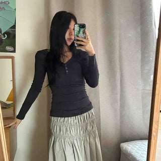Low-waisted Double Shirred Long Skirt