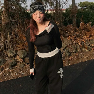 Off-shoulder Slim Fit Cropped Long Sleeve T-shirt