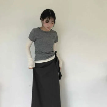Side String Tie Wrap A-Line Long Skirt