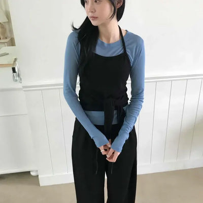 Halterneck Wrap Waist Ribbon Short Sleeveless