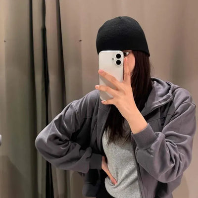 Loose Fit Round Pocket Cropped Zip-Up Hoodie