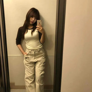 High-waisted Side-Flap Pocket Semi-Bootcut Long Pants