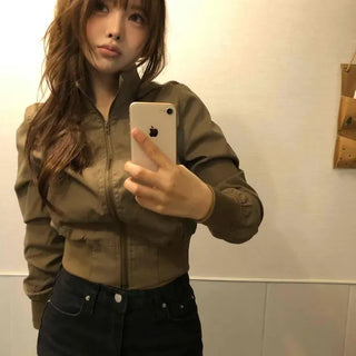 Stand Neck Back Shirred Slim Fit Short Length Bomber Zip-Up