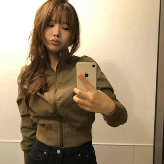 Stand Neck Back Shirred Slim Fit Short Length Bomber Zip-Up