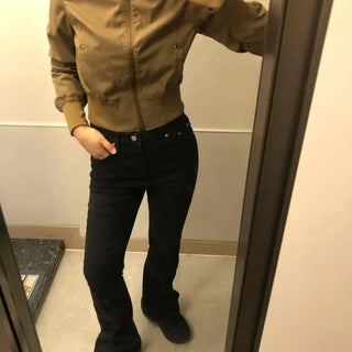 Stand Neck Back Shirred Slim Fit Short Length Bomber Zip-Up