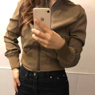 Stand Neck Back Shirred Slim Fit Short Length Bomber Zip-Up