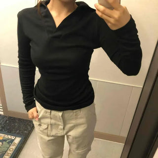 Cross Wrap V-Neck Polo Collar Slim Fit Long Sleeve T-Shirt