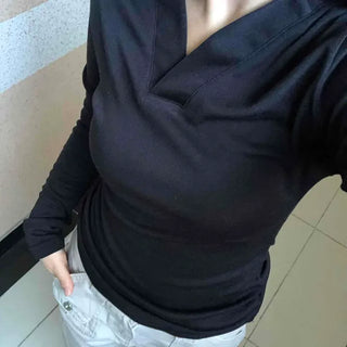 Cross Wrap V-Neck Polo Collar Slim Fit Long Sleeve T-Shirt