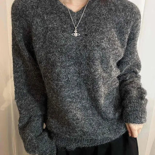 Soft and Fluffy Oversized Round Neck V-Neck Knit