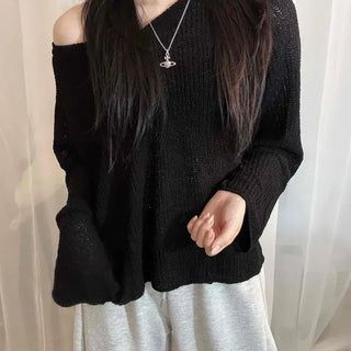 Loose Fit V-Neck Asymmetrical Rib Knit