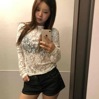Slim fit all-flower lace round neck long sleeve t-shirt