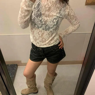 Slim fit all-flower lace round neck long sleeve t-shirt