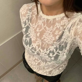 Slim fit all-flower lace round neck long sleeve t-shirt
