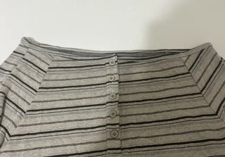 Off-shoulder Placket Neck Loose Fit Striped Long Sleeve T-shirt