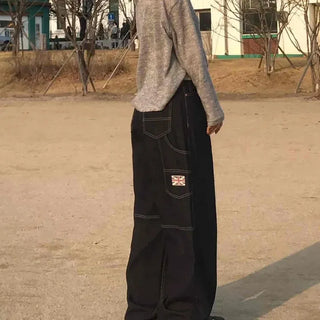 Back-Printed Side Pocket Semi-Baggy Denim Long Pants
