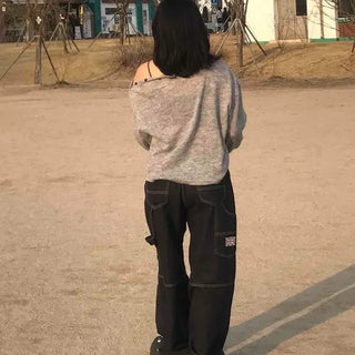 Back-Printed Side Pocket Semi-Baggy Denim Long Pants