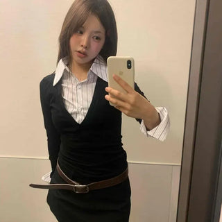 Striped Collar Slim Layered Long Sleeve T-Shirt