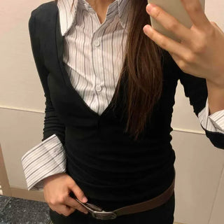 Striped Collar Slim Layered Long Sleeve T-Shirt