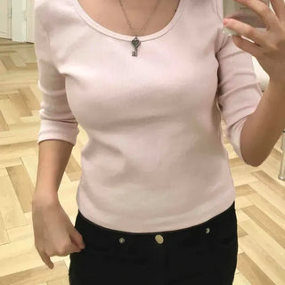 Slim Fit Rib Round Neck 3/4 Sleeve T-shirt