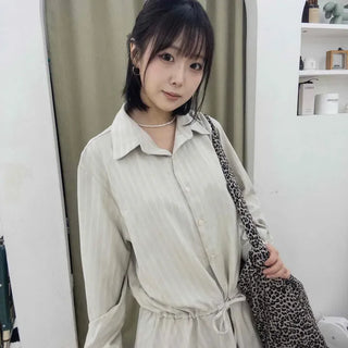 Button-Up Collar Waist Ribbon A-Line Shirt Dress