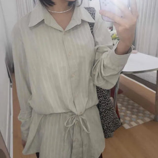 Button-Up Collar Waist Ribbon A-Line Shirt Dress