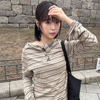 Boat Neck Striped Front Button Loose Fit Long Sleeve T-shirt
