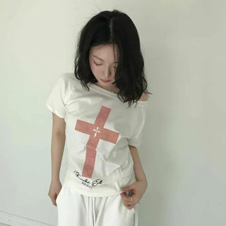 Cross Print Loose Fit Round Neck Short Sleeve T-Shirt